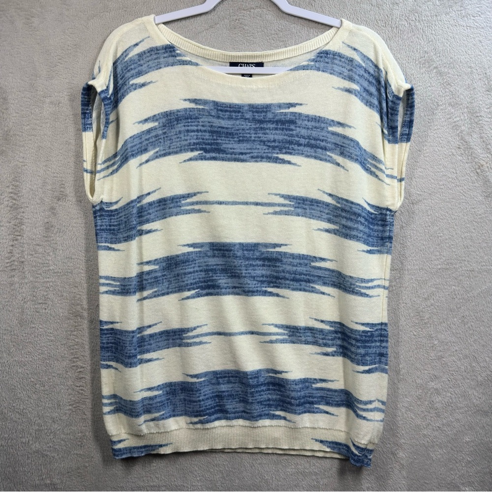 Chaps Linen Blend Sleeveless Sweater Sz L‎ Blue Ivory Casual Nautical Beach